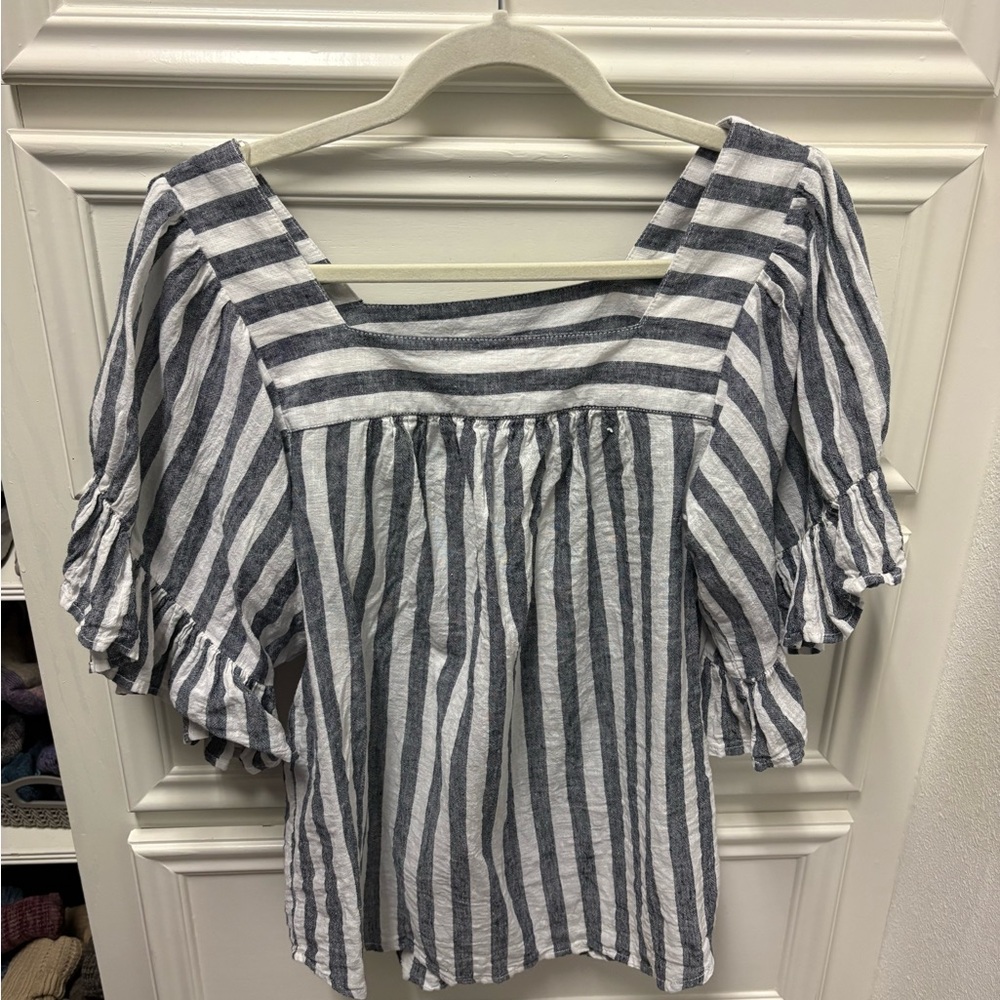 beachlunchlounge Navy and White Striped Blouse linen cotton blend Medium Boho